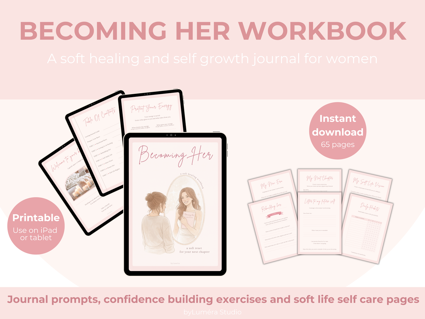 Becoming Her Soft Healing Workbook Digital Download Self Love Reset Journal Soft Life Planner Printable Shadow Work Journal