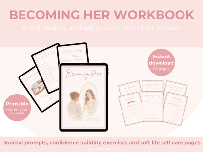 Becoming Her Soft Healing Workbook Digital Download Self Love Reset Journal Soft Life Planner Printable Shadow Work Journal